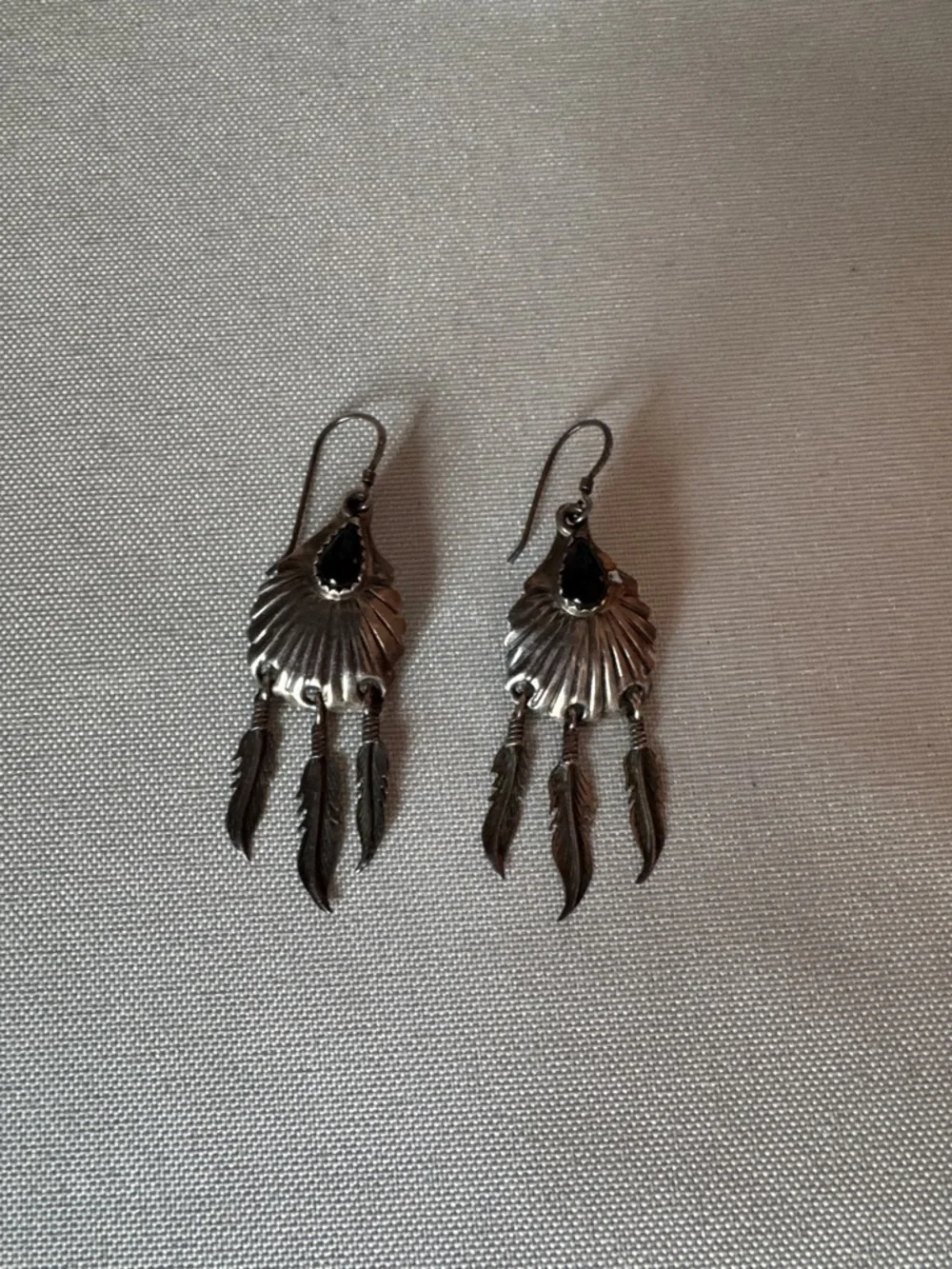 Sterling Silver Black Teardrop Feather Dangle Earrings